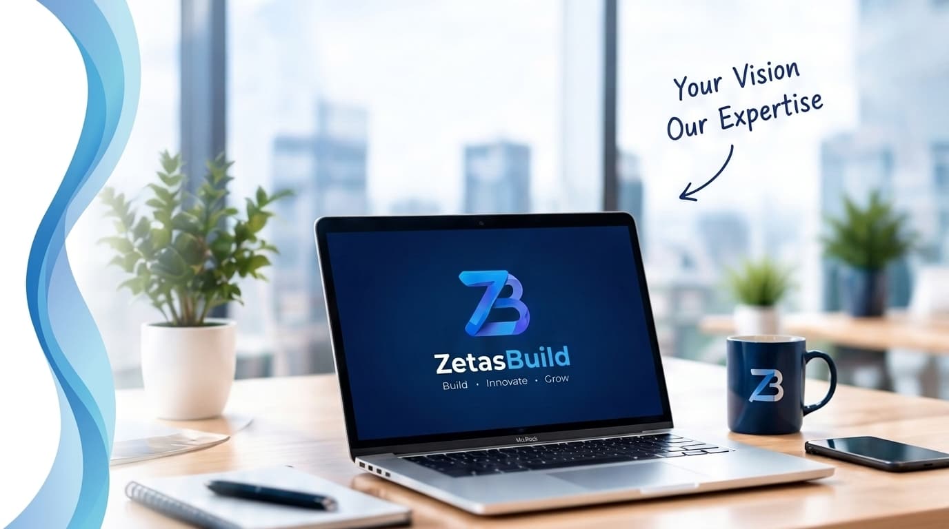ZetasBuild workspace showing laptop with ZetasBuild screen, mug, and desk accessories